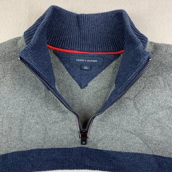 Tommy Hilfiger Men Sweater Large Gray Striped 1/4 Zip Long Sleeve Red White Blue - Picture 2 of 8